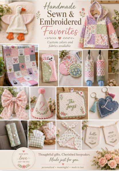 Handmade sewn and embroidered favorites — custom quilts, bows, birthday hats, keychains, pennants, and personalized keepsakes made just for you
