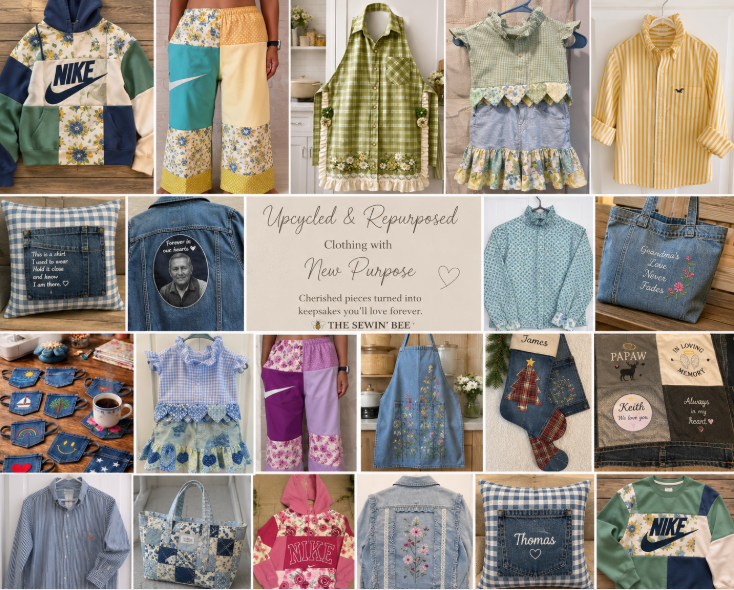 Repurposed and upcycled clothing collage featuring patchwork hoodies, aprons, denim coasters, tote bags and more from The Sewin' Bee