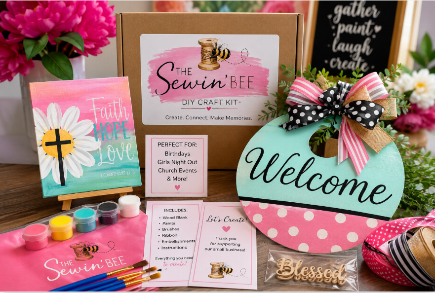 The Sewin' Bee DIY Craft Kit featuring canvas painting, wooden door hanger, paints, brushes, and embellishments — perfect for birthdays, girls night out, and church events