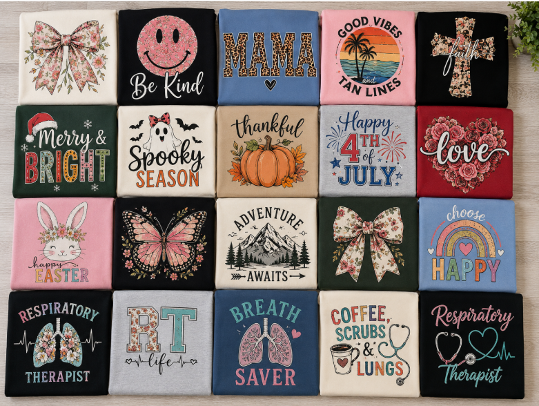 Custom DTF printed shirts featuring a wide variety of designs including holiday, inspirational, and personalized prints