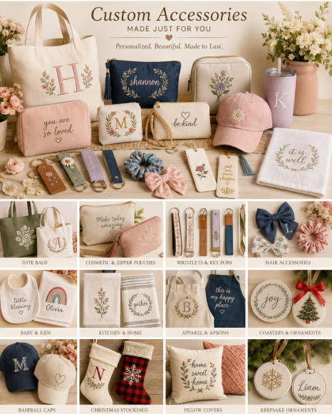 Custom embroidered and personalized accessories including tote bags, hats, pouches, bag tags, patches, and more — made just for you