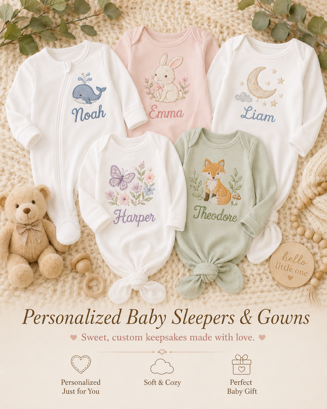 Personalized embroidered baby sleepers and gowns
