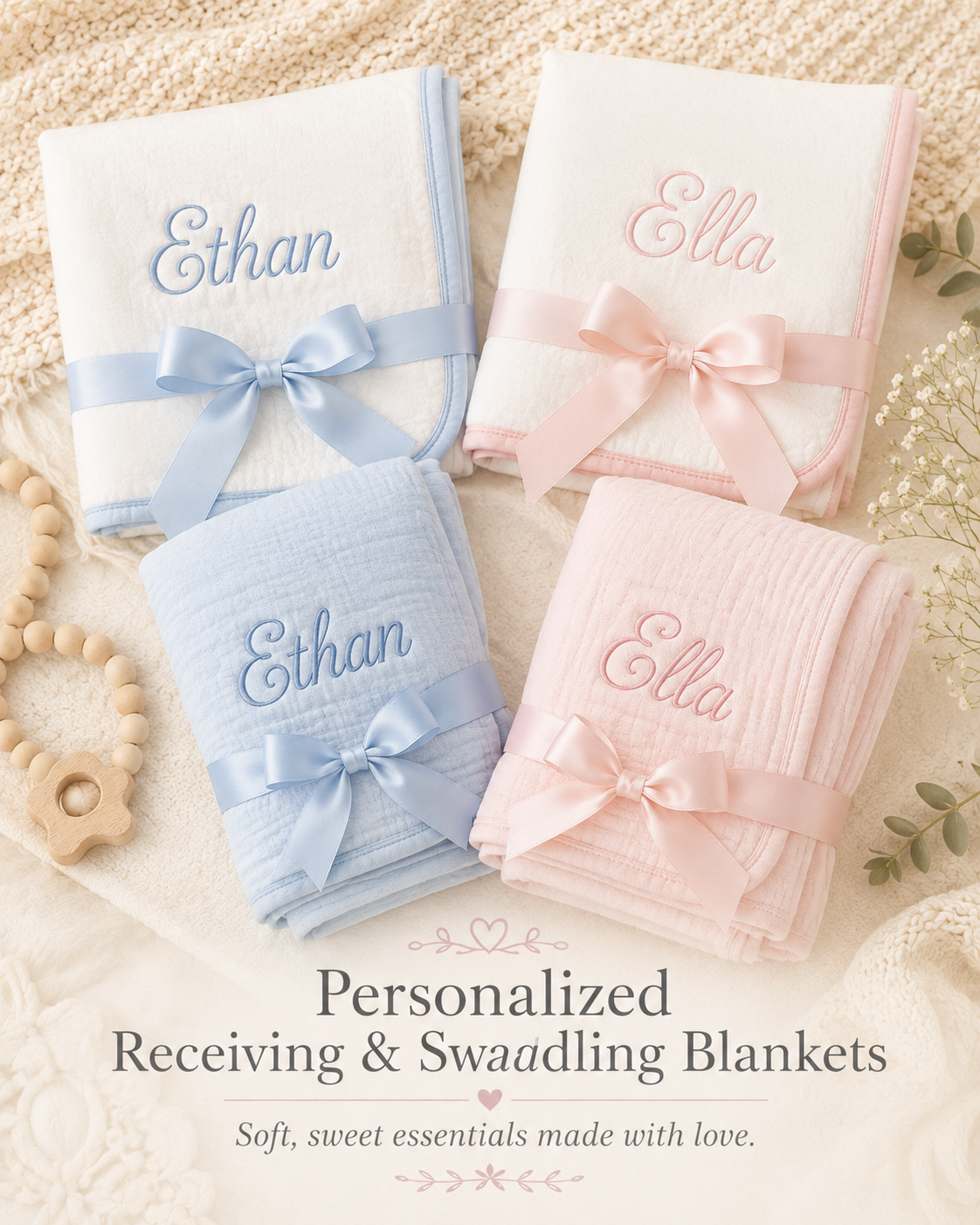 Personalized receiving and swaddling blankets in blue and pink