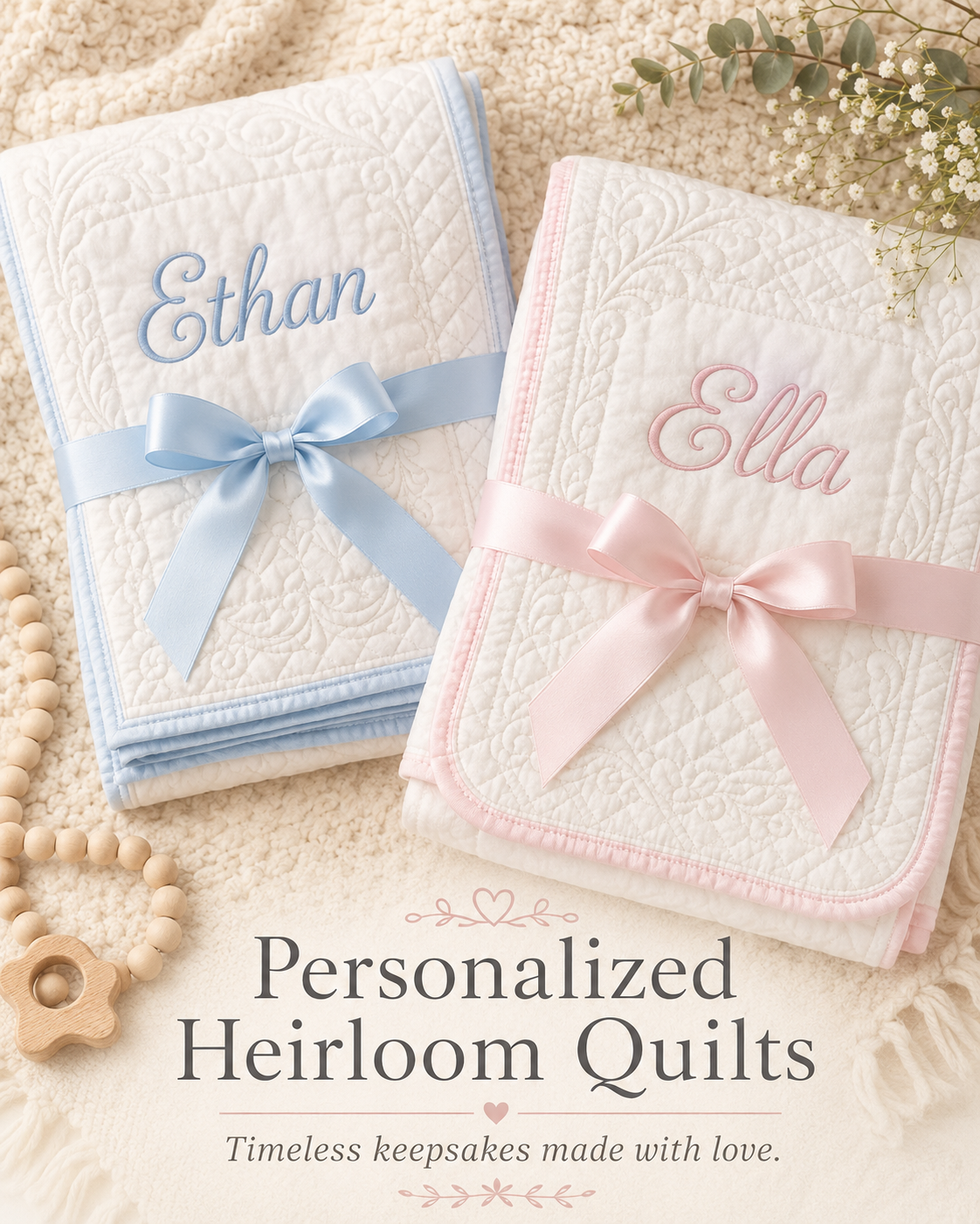 Personalized heirloom baby quilts in blue and pink