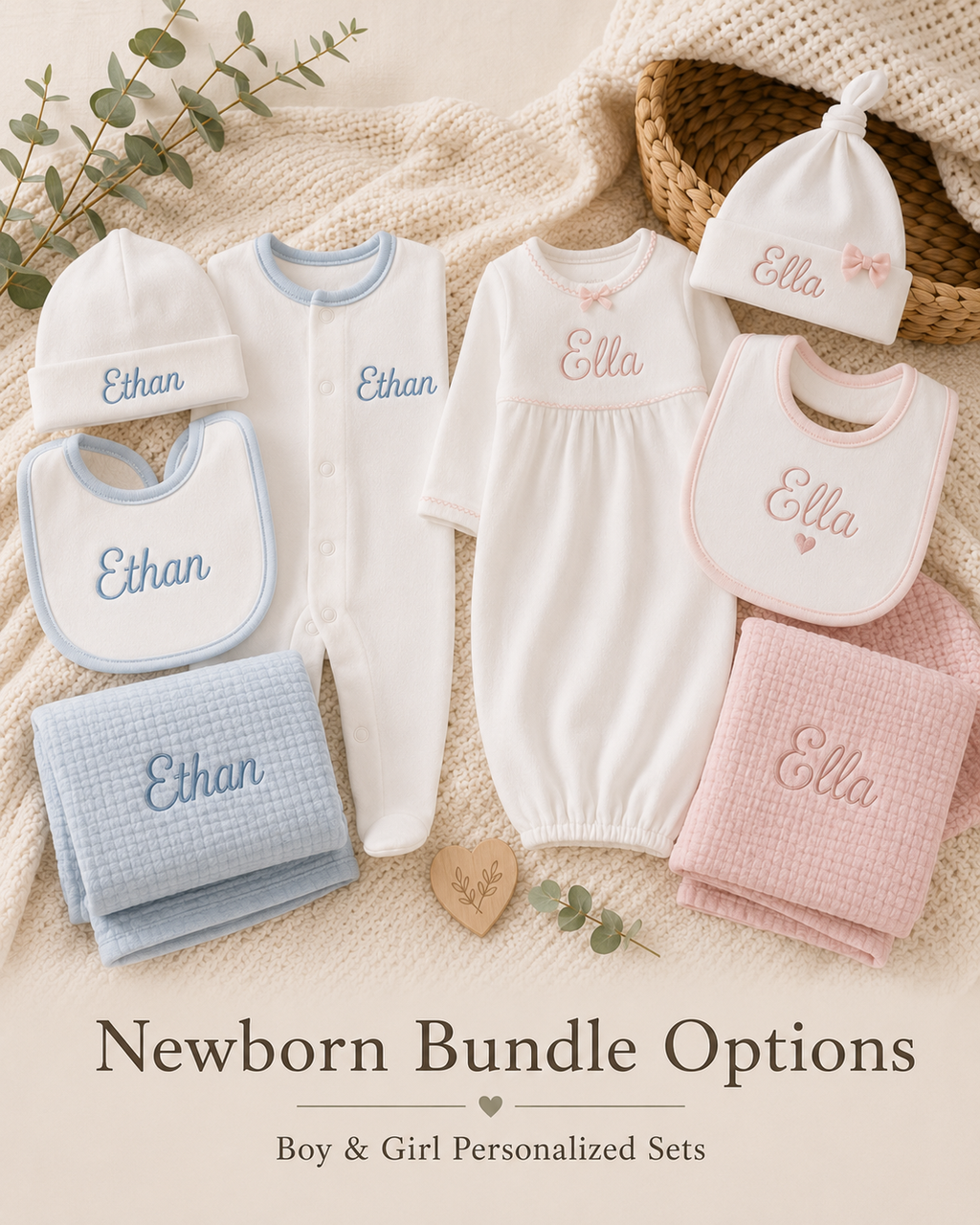 Personalized newborn bundle sets for boy and girl