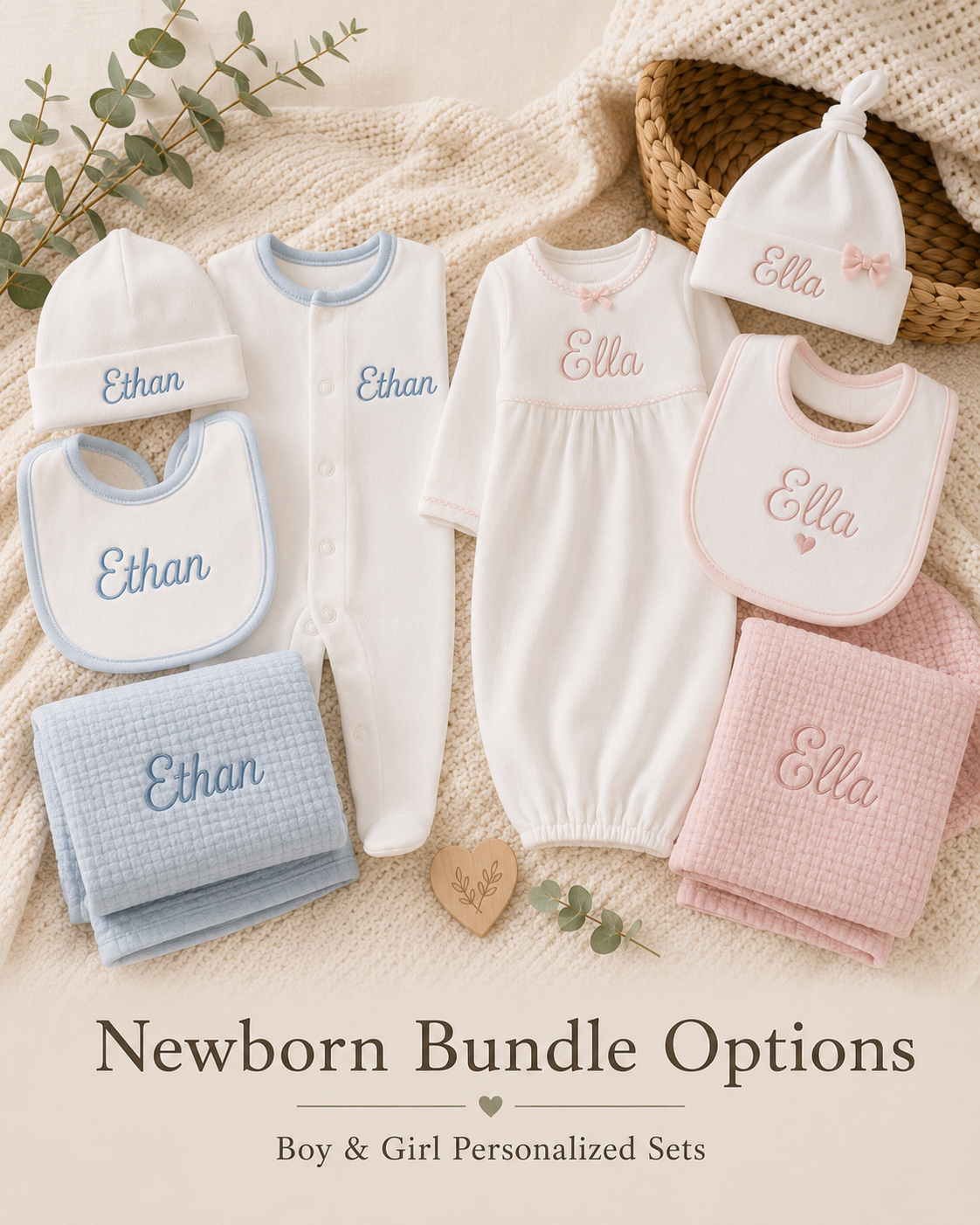 Personalized newborn bundle sets for boy and girl