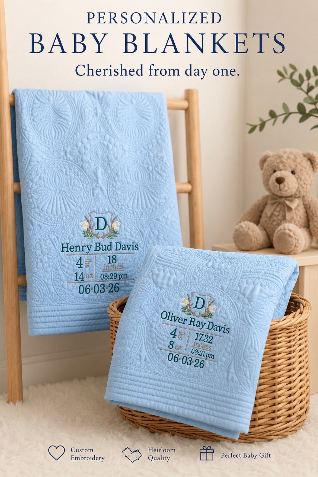 Personalized heirloom baby quilt with birth stats embroidery