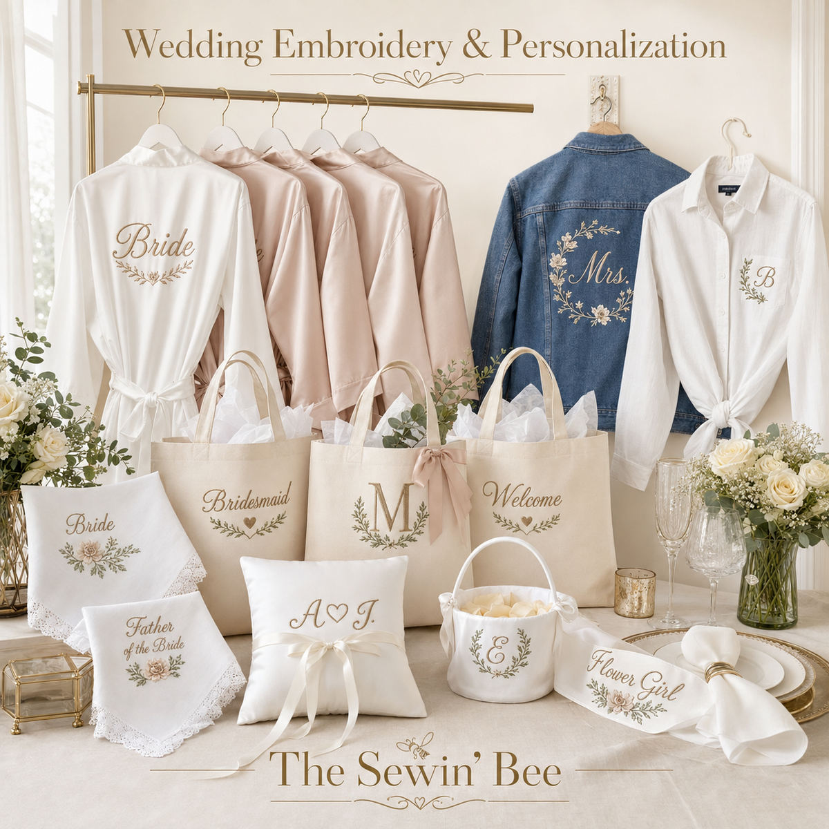Wedding Embroidery & Personalization — robes, tote bags, handkerchiefs, ring bearer pillow, flower girl basket, denim jacket and shirts by The Sewin' Bee